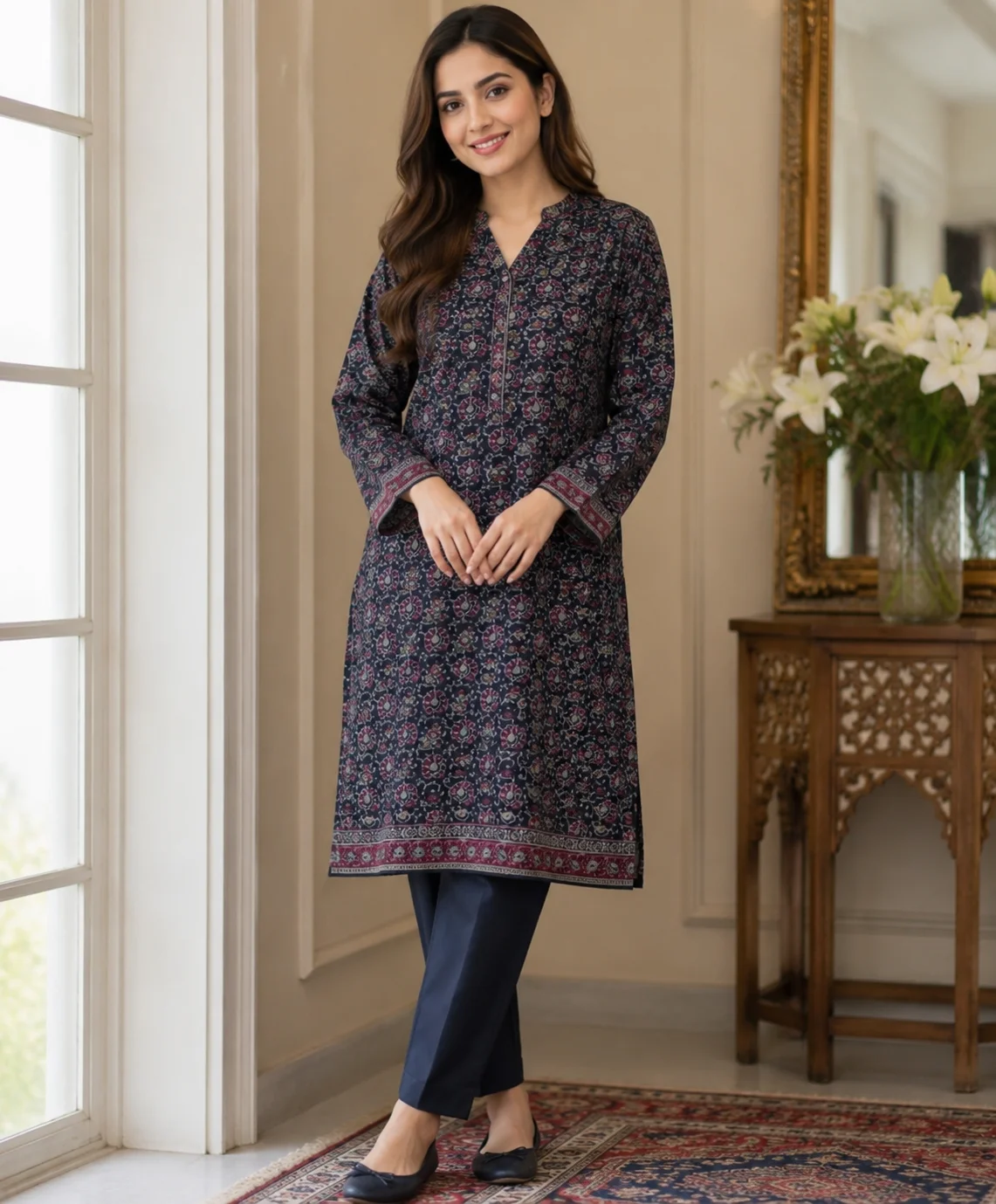 2-Piece Premium Lawn Suit - Navy Blue Ajrak Floral Print | VS-LAWN-35 | Vionza Style