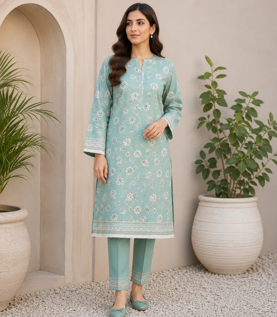 2-Piece Premium Lawn Suit - Seafoam Green Floral Print | VS-LAWN-32 | Vionza Style