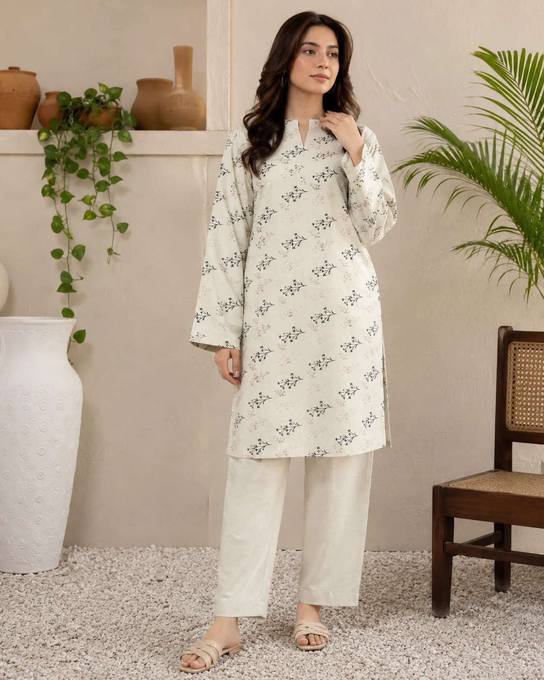2-Piece Premium Lawn Suit - Ivory Minimal Floral Print | VS-LAWN-23 | Vionza Style