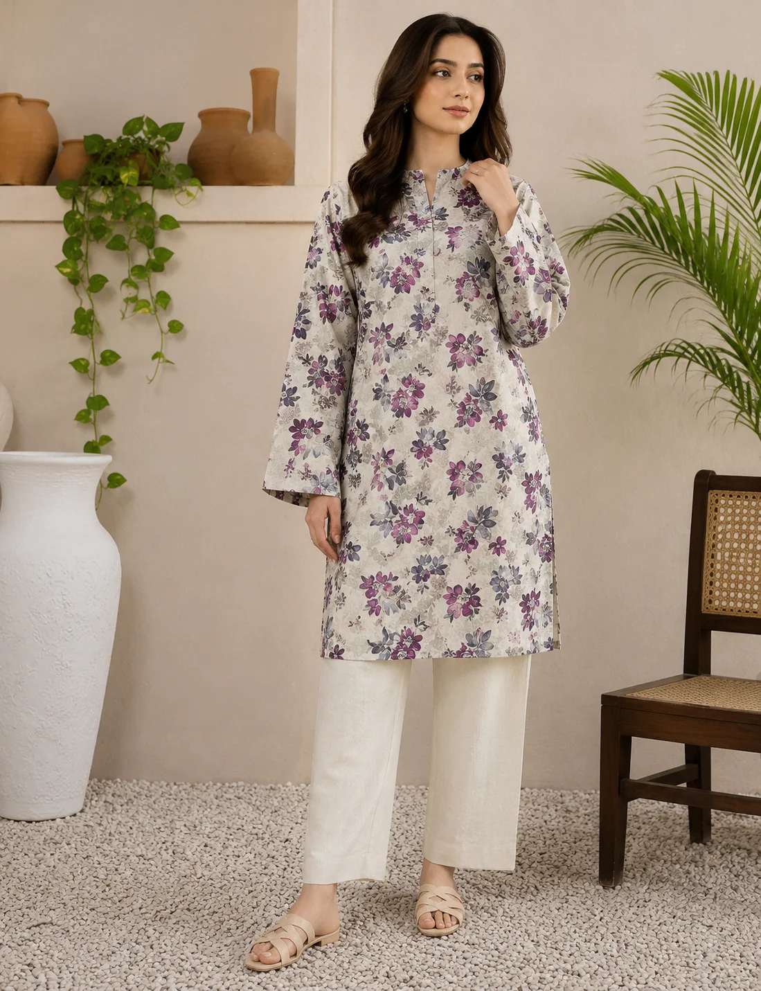 2-Piece Premium Lawn Suit - Ivory Purple Floral Print | VS-LAWN-24 | Vionza Style