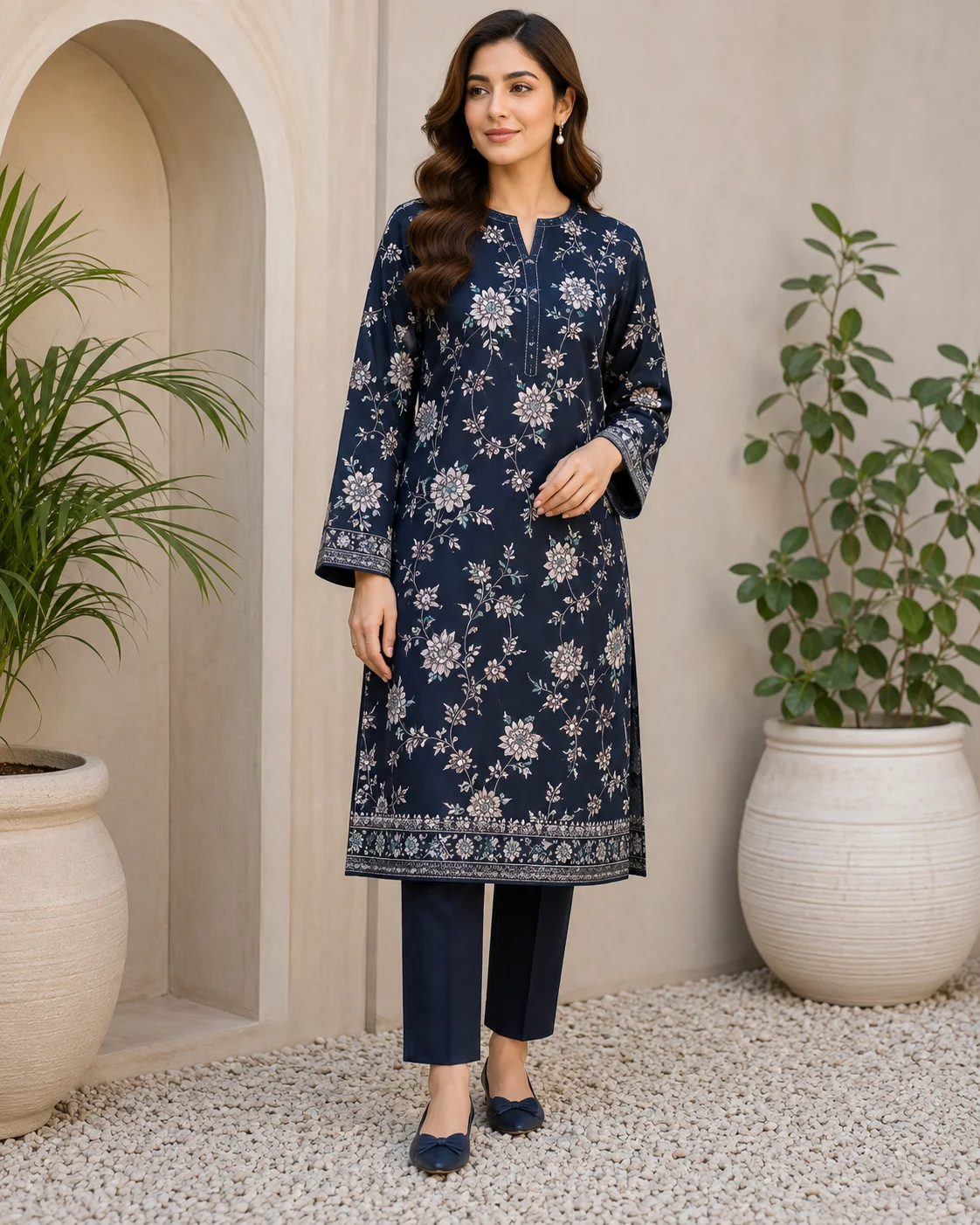 2-Piece Premium Lawn Suit - Navy Blue Floral Jaal Print | VS-LAWN-25 | Vionza Style