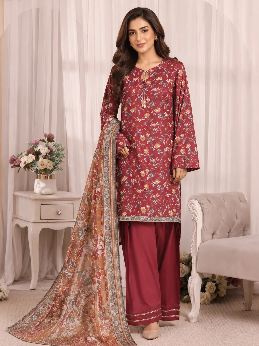 3-Piece Premium Lawn Suit - Maroon Floral Print with Printed Dupatta | VS-LAWN-26 | Vionza Style