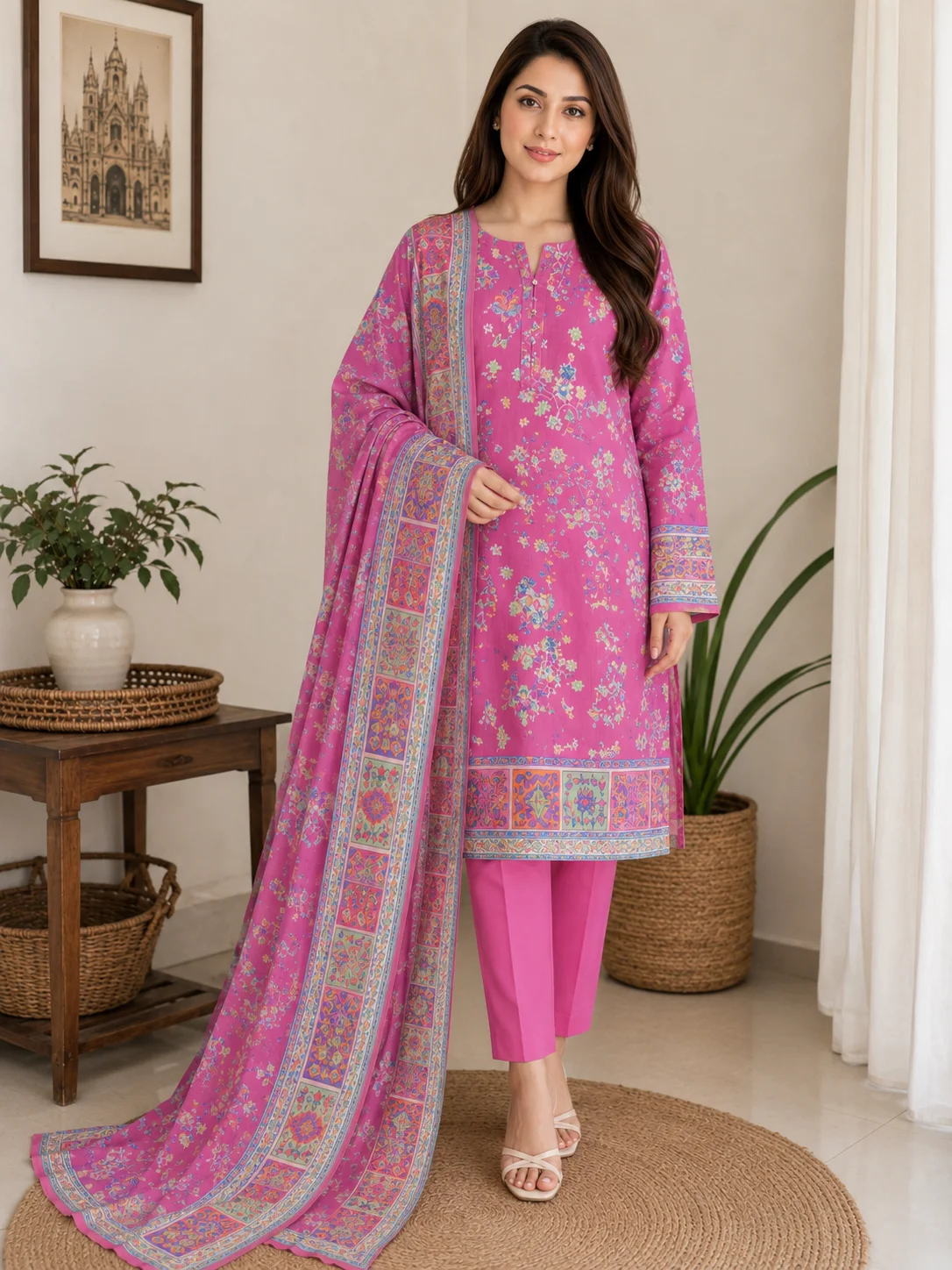 3-Piece Premium Lawn Suit - Hot Pink Floral Print with Printed Dupatta | VS-LAWN-28 | Vionza Style