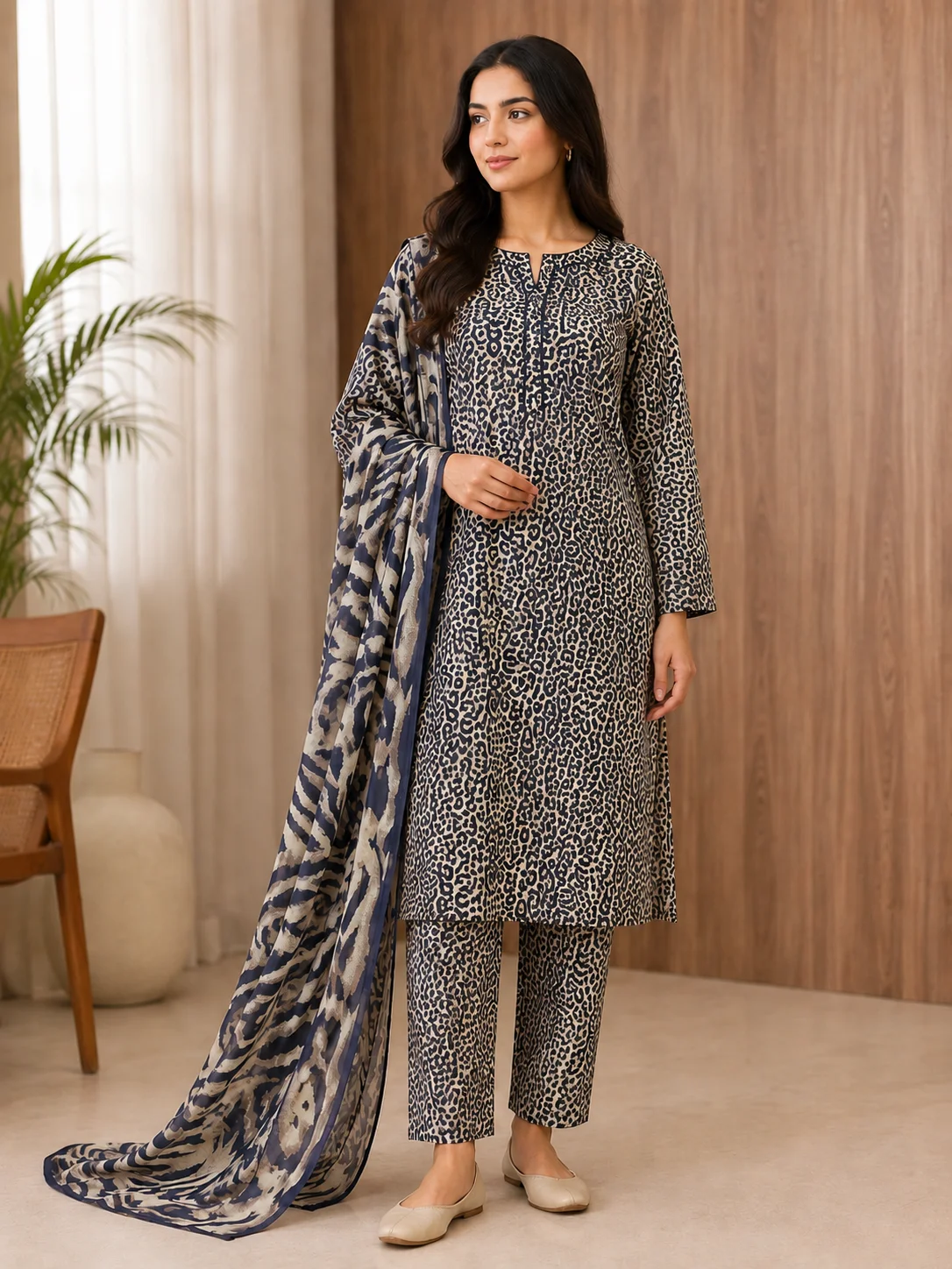 3-Piece Premium Lawn Suit - Navy Blue Animal Print with Printed Dupatta | VS-LAWN-29 | Vionza Style
