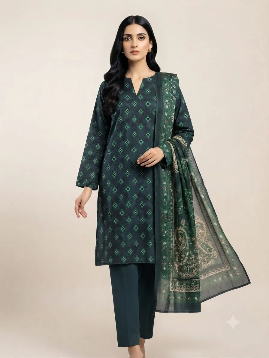 3-Piece Premium Lawn Suit - Bottle Green Diamond Print | VS-LAWN-17 | Vionza Style