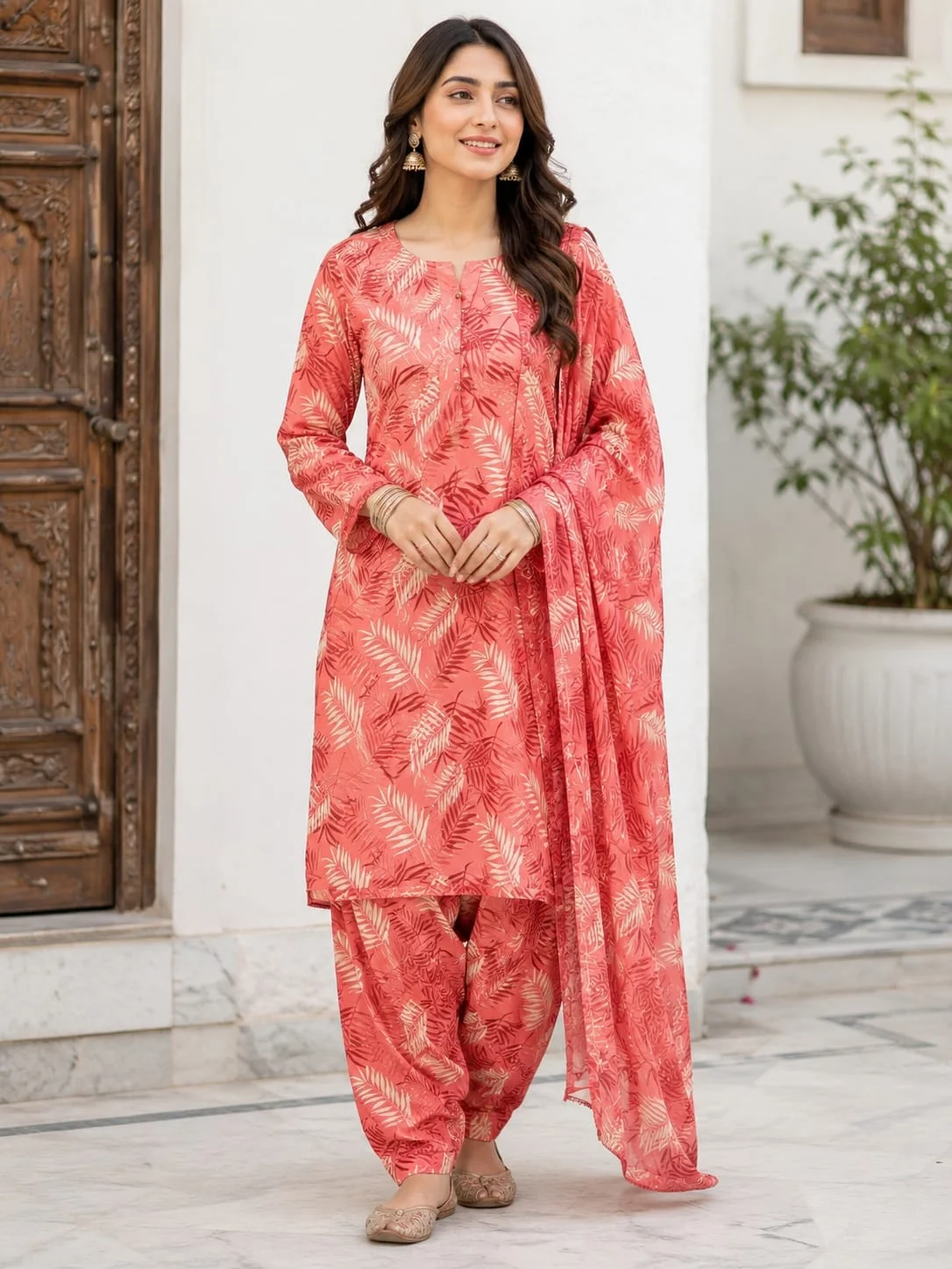 2-Piece Premium Lawn Suit - Coral Palm Print | VS-LAWN-07 | Vionza Style