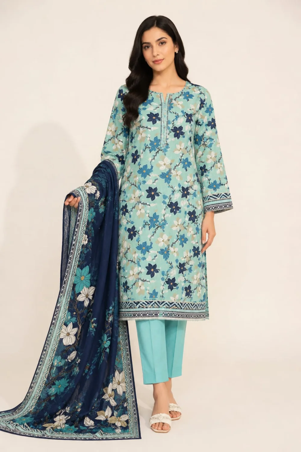 3-Piece Premium Lawn Suit - Aqua Blue Floral Print | VS-LAWN-31 | Vionza Style