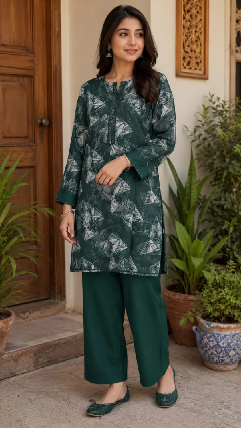 2-Piece Premium Lawn Suit - Bottle Green Ikat Print | VS-LAWN-21 | Vionza Style