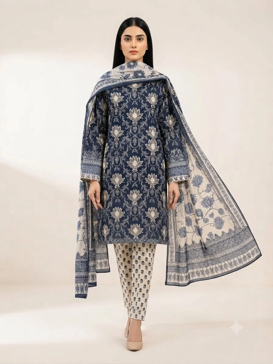 3-Piece Premium Lawn Suit - Navy Blue Lotus Print | VS-LAWN-34 | Vionza Style