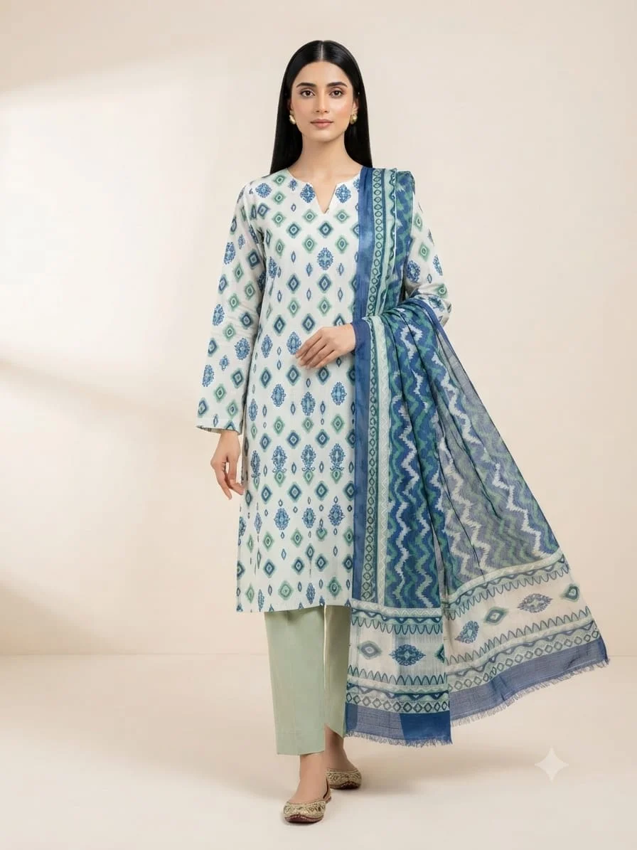 3-Piece Premium Lawn Suit - White Blue Geometric Print | VS-LAWN-20 | Vionza Style