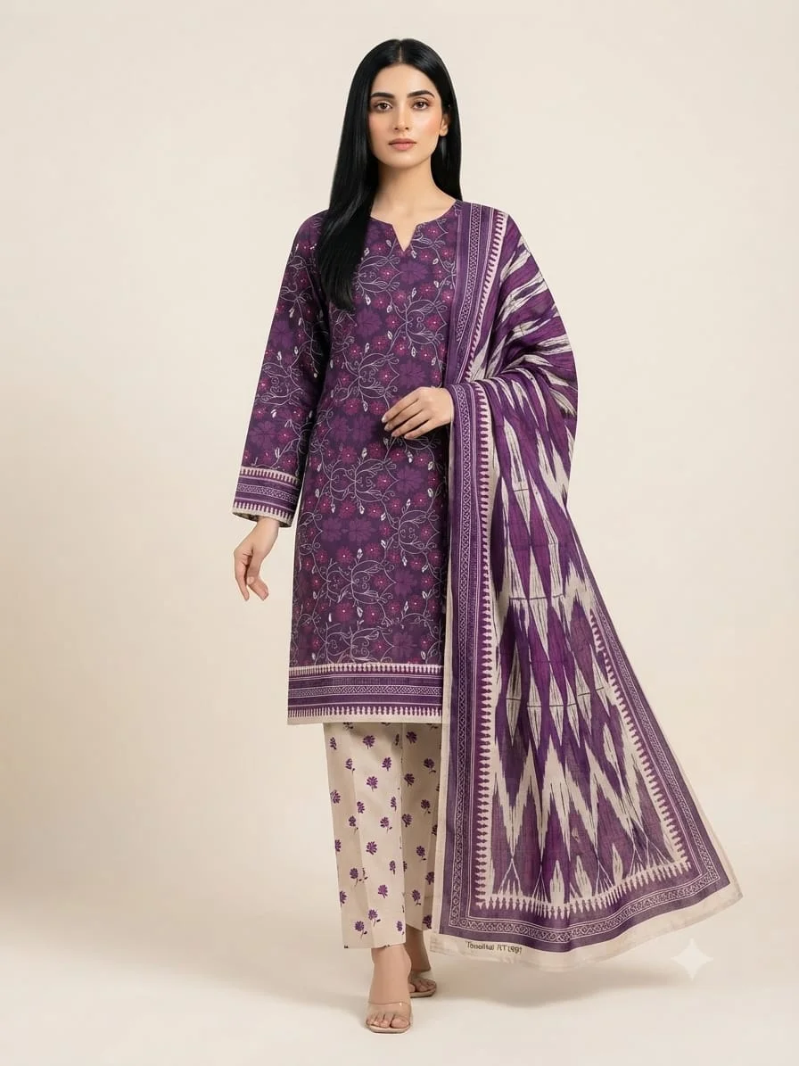 3-Piece Premium Lawn Suit - Plum Purple Floral Print | VS-LAWN-18 | Vionza Style