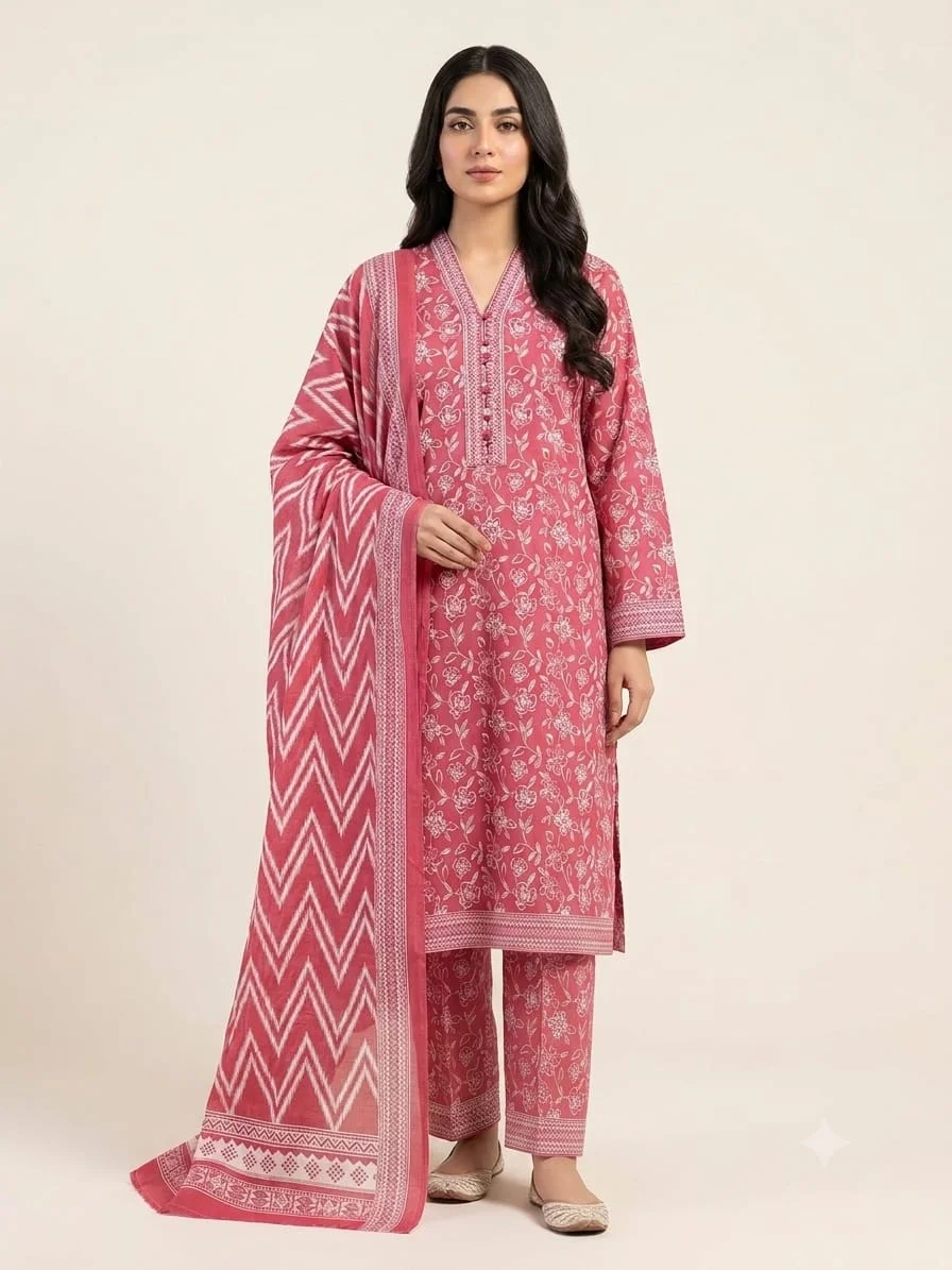 3-Piece Premium Lawn Suit - Pink Floral Print | VS-LAWN-10 | Vionza Style