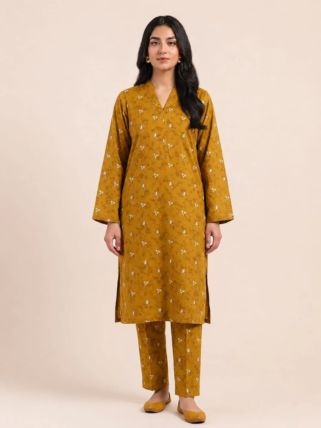 2-Piece Premium Lawn Suit - Mustard Floral Print | VS-LAWN-14 | Vionza Style