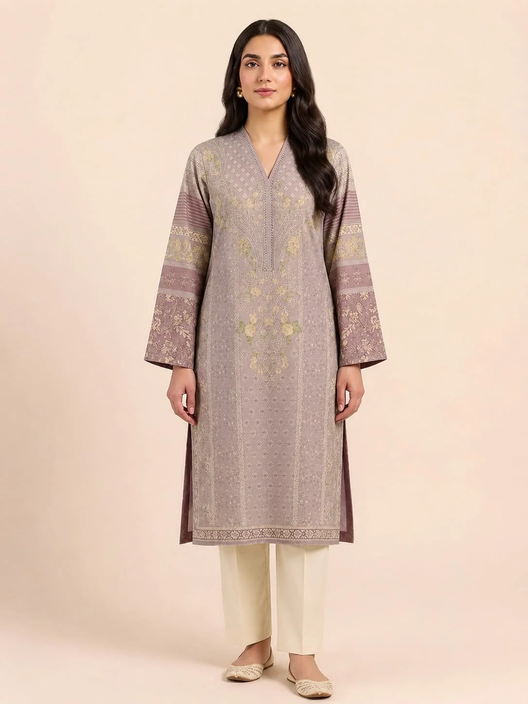 2-Piece Premium Lawn Suit - Grey Lilac Paisley Print | VS-LAWN-13 | Vionza Style