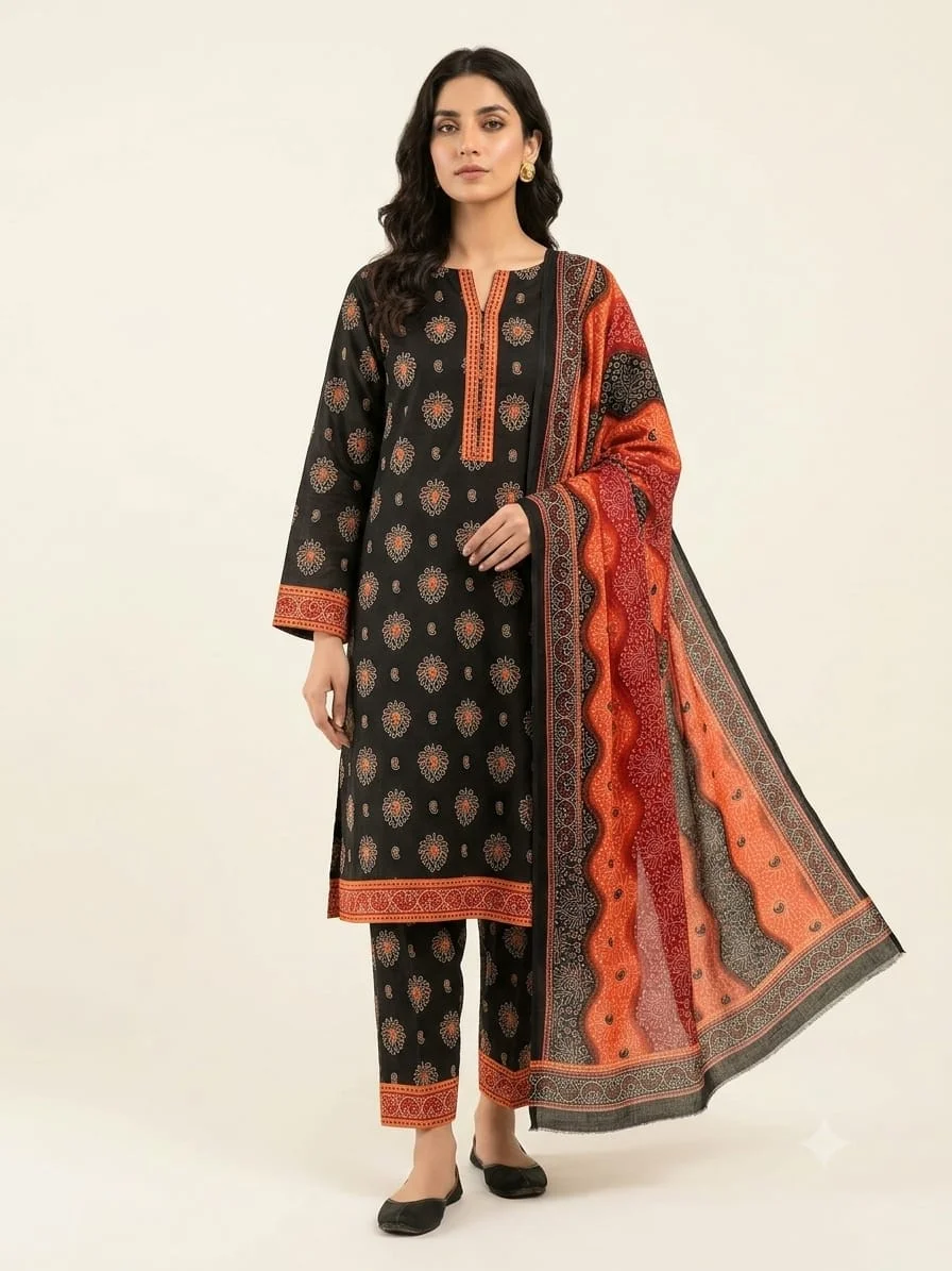 3-Piece Premium Lawn Suit - Black & Orange Tribal Print | VS-LAWN-15 | Vionza Style